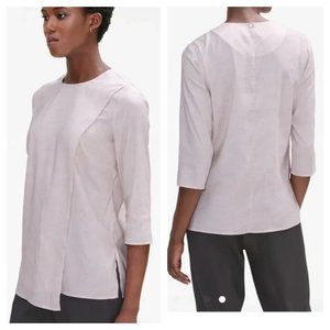 MM Lafleur Size M Bourgeois Blouse Drape Split Front Silky Line Print in Beige